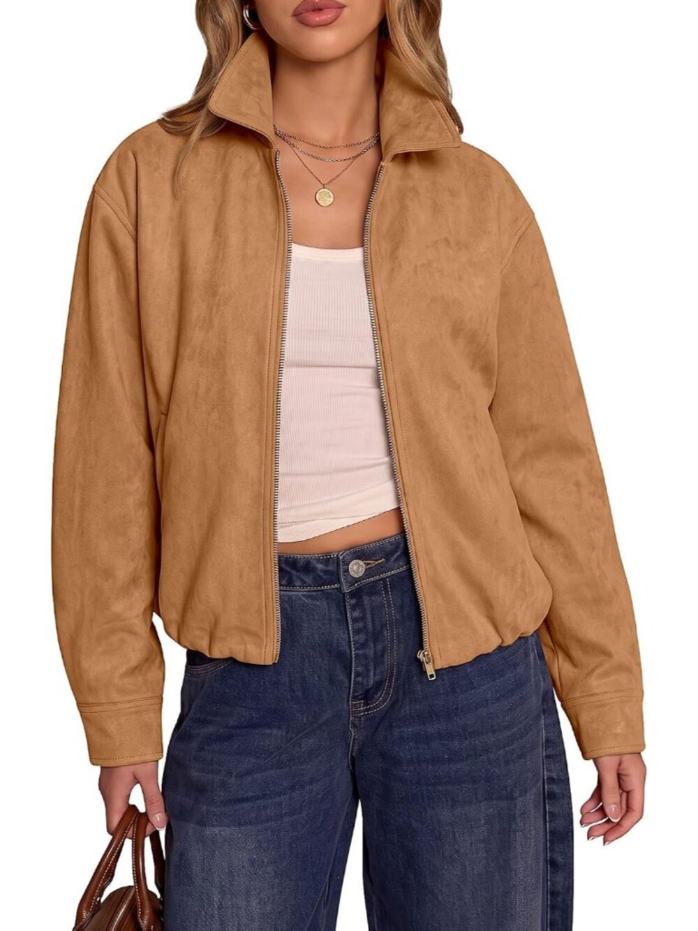 Women's Camel Brown Long Sleeve Oversized Slash Pockets Drop Shoulder Bomber J